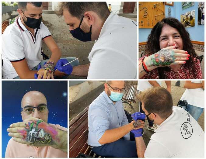 Escenas dibujadas por el artista en el dorso de las manos de cuatro teldenses/TA y Aarón Martín.